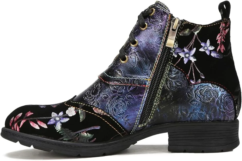 NEW Superladystar's Genuine Leather Embossed Comfy women's Ankle Boots, Low Heel, Hand-painted, Retro Ethnic Style, Purple, Sz 7, Retails $120