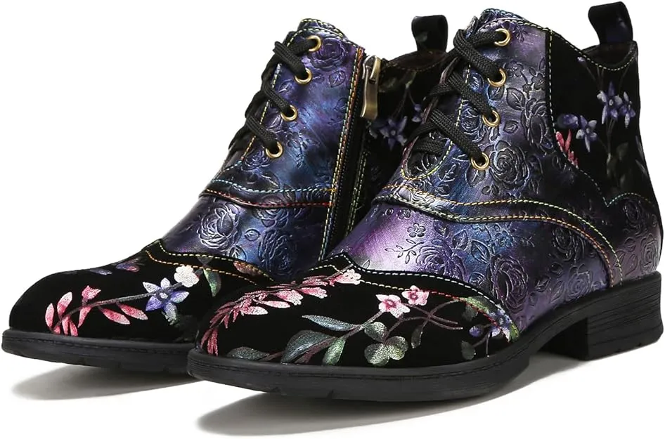 NEW Superladystar's Genuine Leather Embossed Comfy women's Ankle Boots, Low Heel, Hand-painted, Retro Ethnic Style, Purple, Sz 7, Retails $120