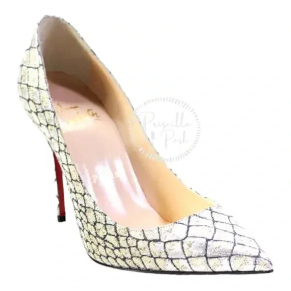 NWB Christian Louboutin Decollete Snake-Embossed Metallic Point-Toe Pump, Silver