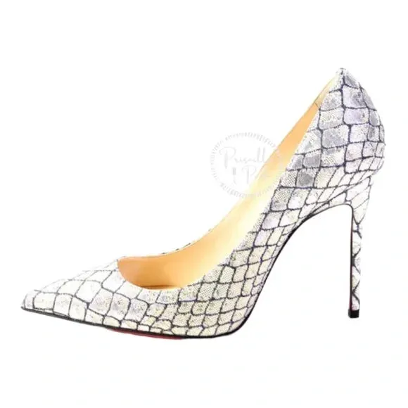 NWB Christian Louboutin Decollete Snake-Embossed Metallic Point-Toe Pump, Silver