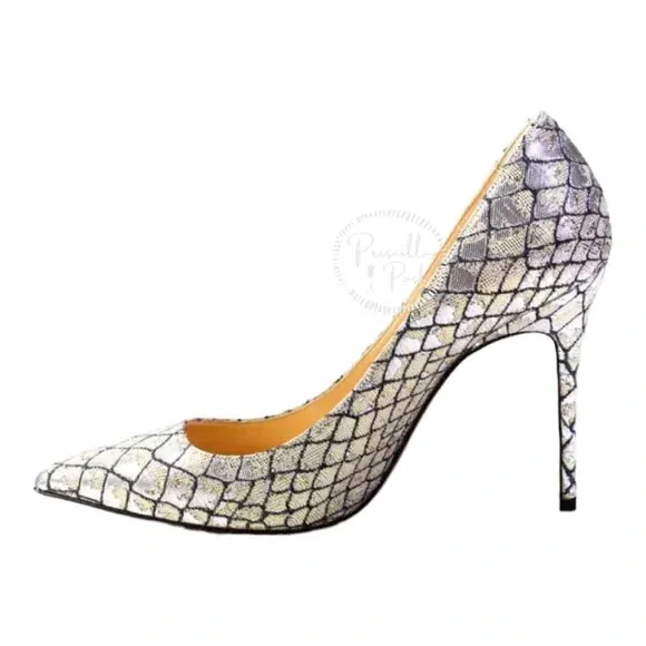 NWB Christian Louboutin Decollete Snake-Embossed Metallic Point-Toe Pump, Silver