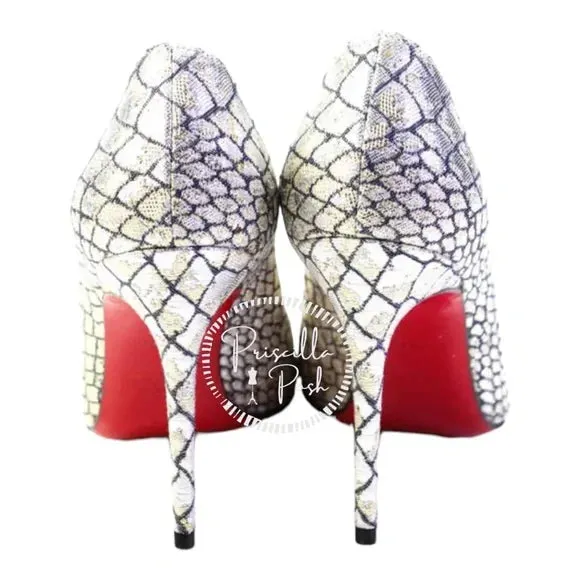 NWB Christian Louboutin Decollete Snake-Embossed Metallic Point-Toe Pump, Silver