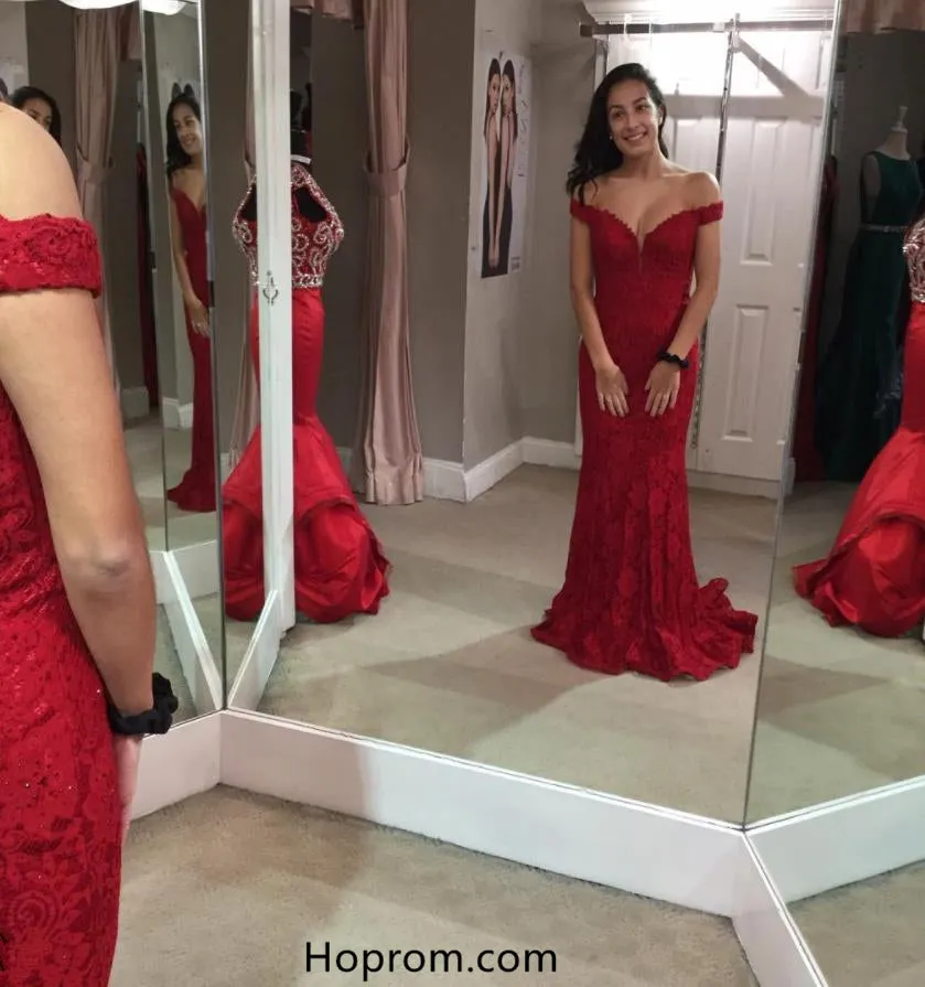 Off the shoulder Red Lace Prom Dress Formal Dress
