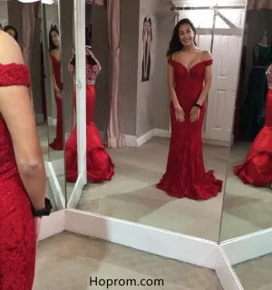 Off the shoulder Red Lace Prom Dress Formal Dress
