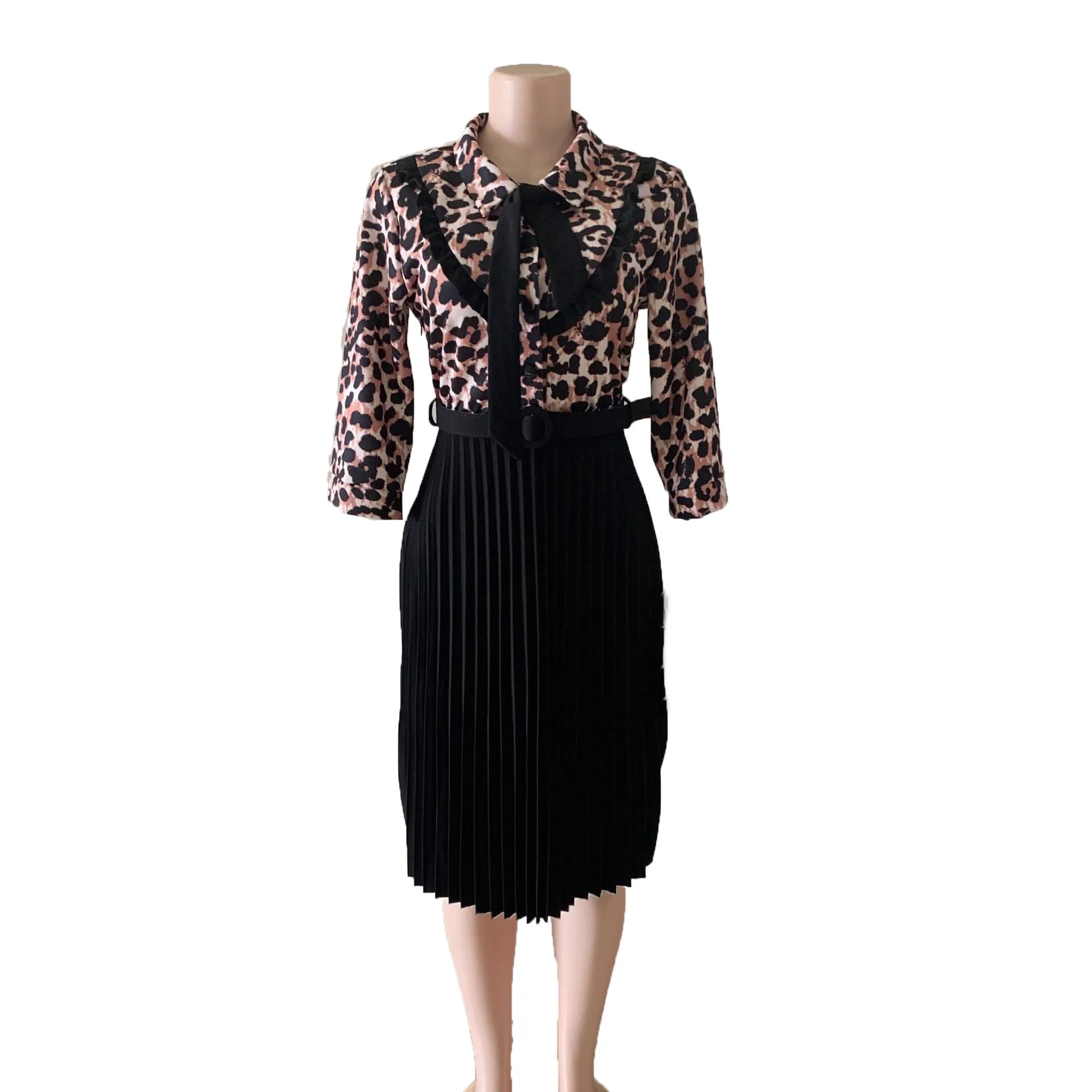 OL commuter African plus size Mother Dress leopard print stitching tie pleated