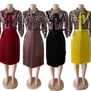OL commuter African plus size Mother Dress leopard print stitching tie pleated