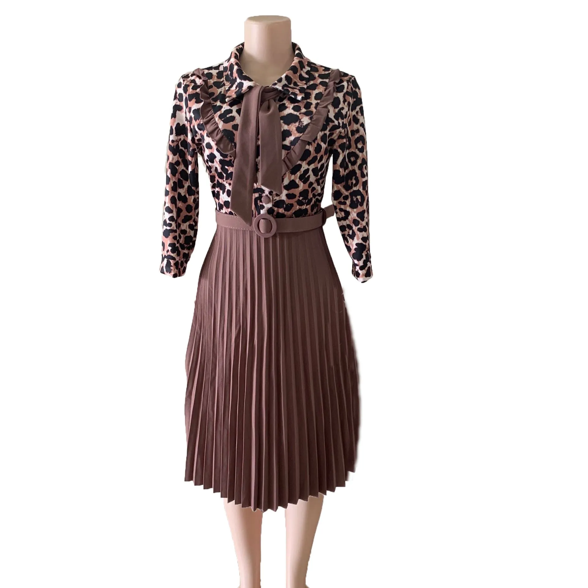 OL commuter African plus size Mother Dress leopard print stitching tie pleated