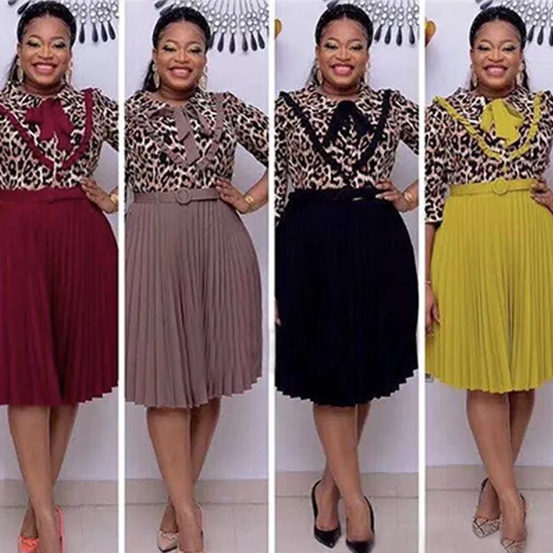OL commuter African plus size Mother Dress leopard print stitching tie pleated
