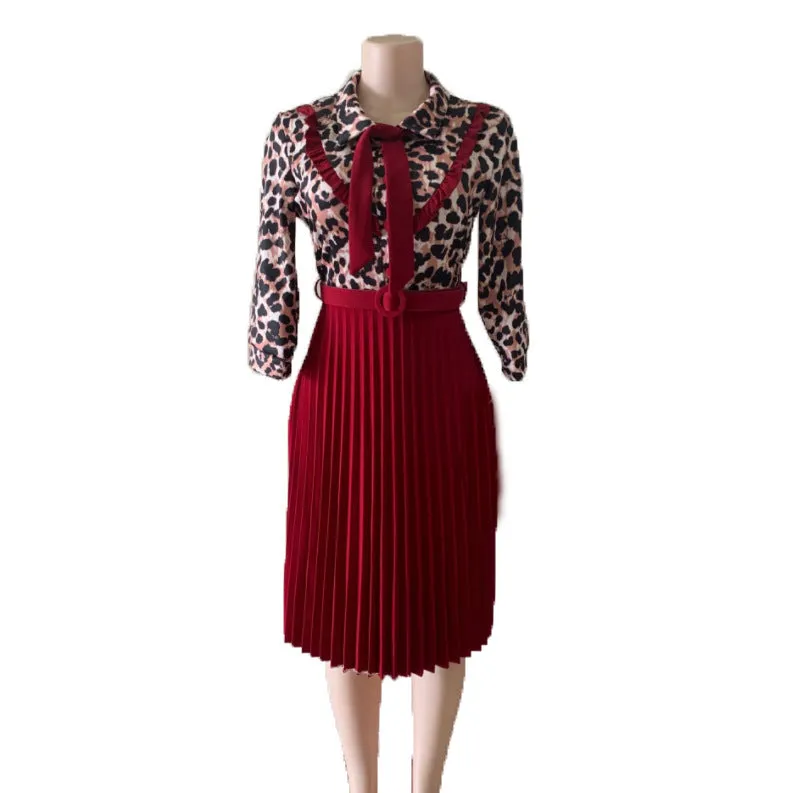 OL commuter African plus size Mother Dress leopard print stitching tie pleated