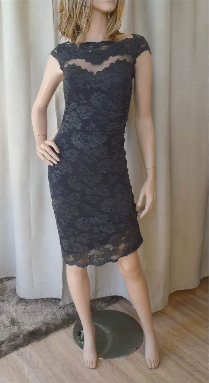 Olvis Lace Cap Sleeve Dress  with Sheer Tulle Detail on Chest Area
