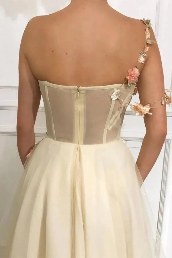 One Shoulder Sweetheart Tulle 3D FLower Prom Formal Dress With Split  PG947