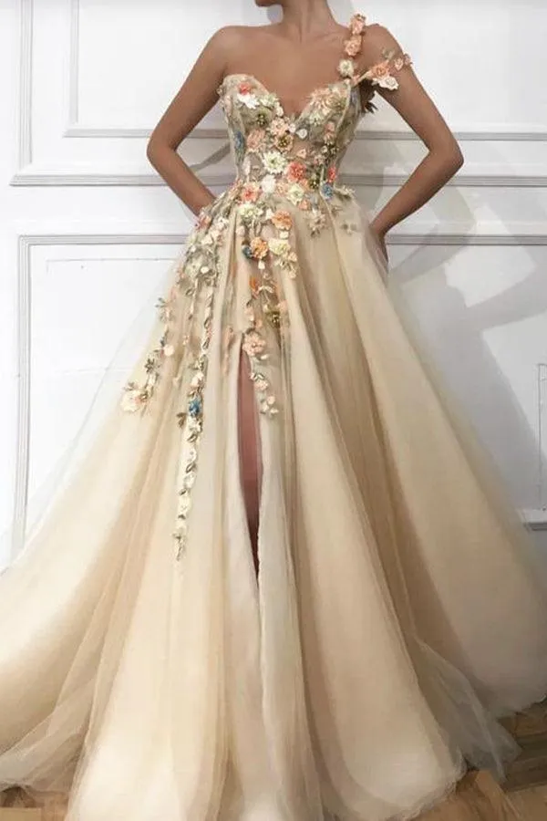 One Shoulder Sweetheart Tulle 3D FLower Prom Formal Dress With Split  PG947