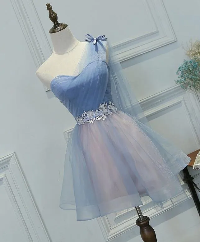 One Shoulder Tulle Sweetheart Party Dress, Short Blue Homecoming Dress
