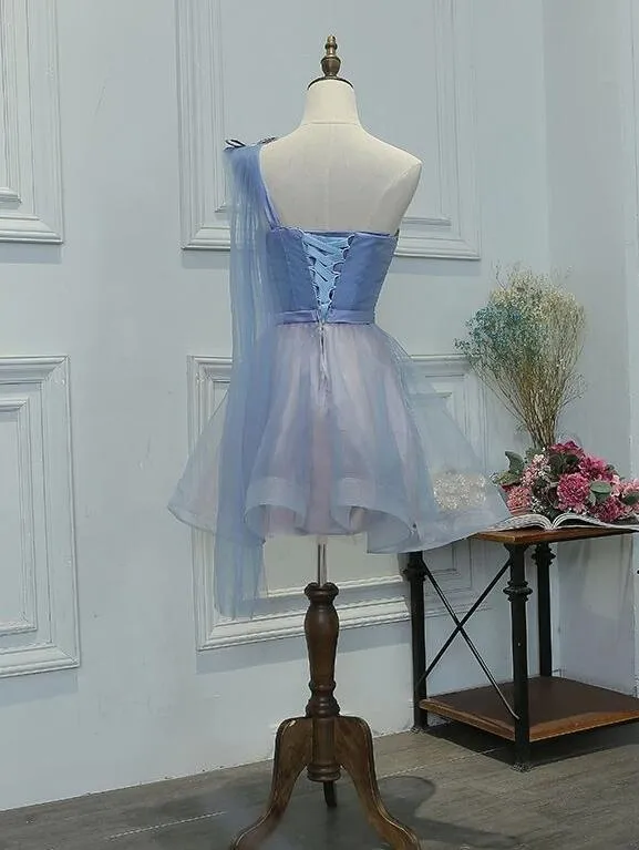 One Shoulder Tulle Sweetheart Party Dress, Short Blue Homecoming Dress