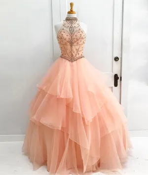 Orange tulle beads long prom gown, orange sweet 16 dress