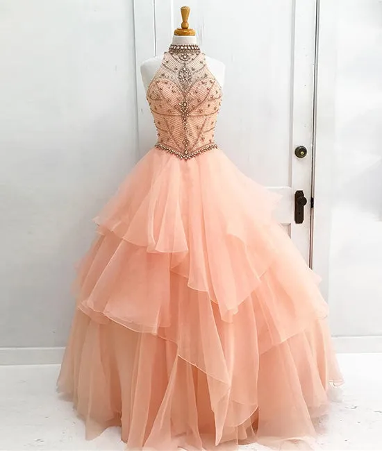 Orange tulle beads long prom gown, orange sweet 16 dress