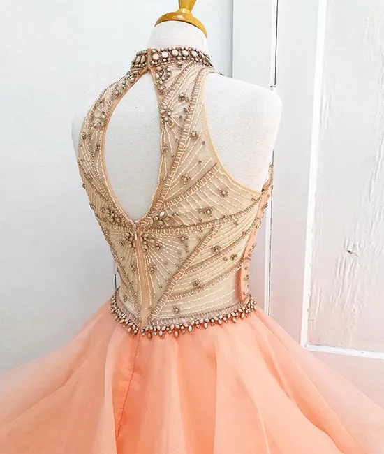 Orange tulle beads long prom gown, orange sweet 16 dress