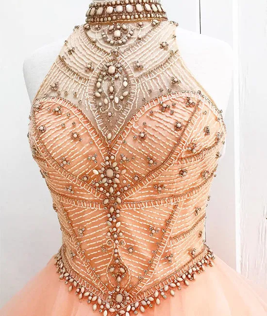 Orange tulle beads long prom gown, orange sweet 16 dress