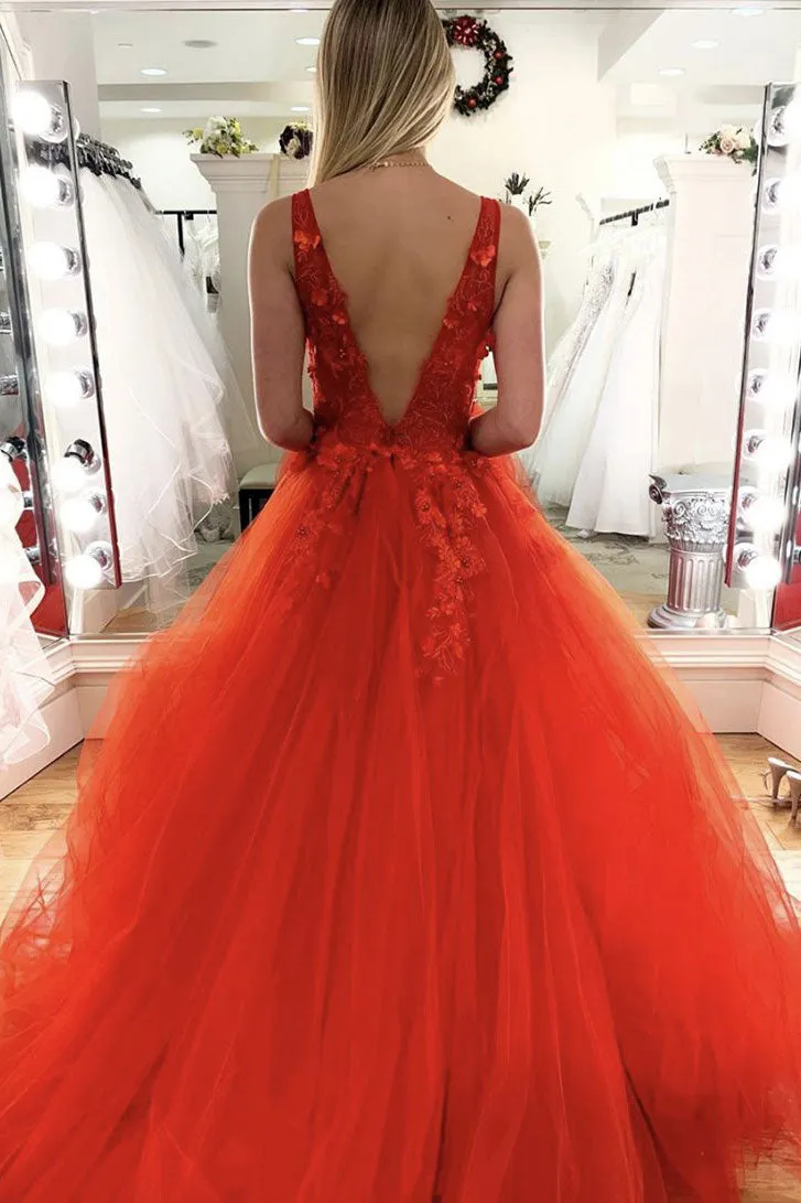 Orange v neck tulle lace long prom dress tulle sweet 16 dress