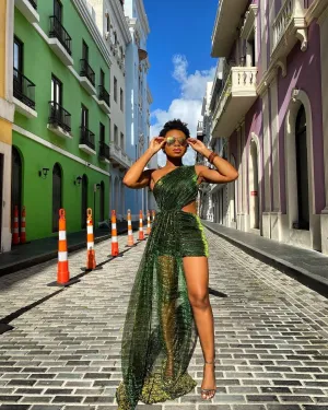 Oyemwen Forbidden Garden Green Mini Draped Cut Out Side Mini Dress
