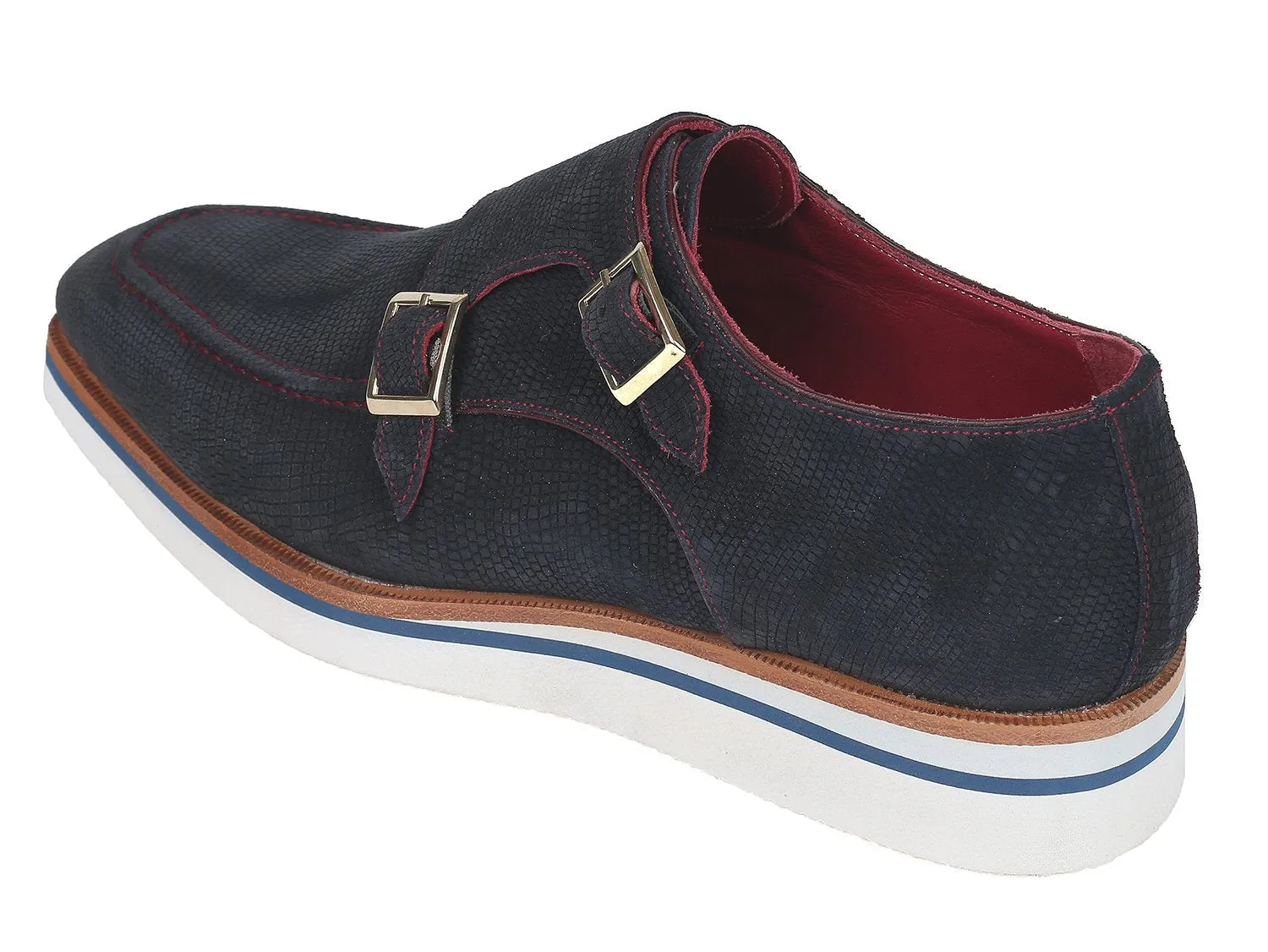 Paul Parkman Navy Suede Monkstrap Shoes