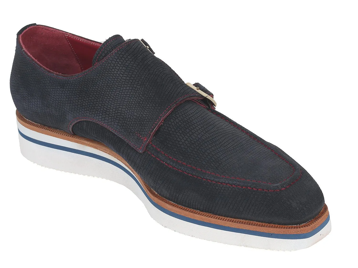 Paul Parkman Navy Suede Monkstrap Shoes