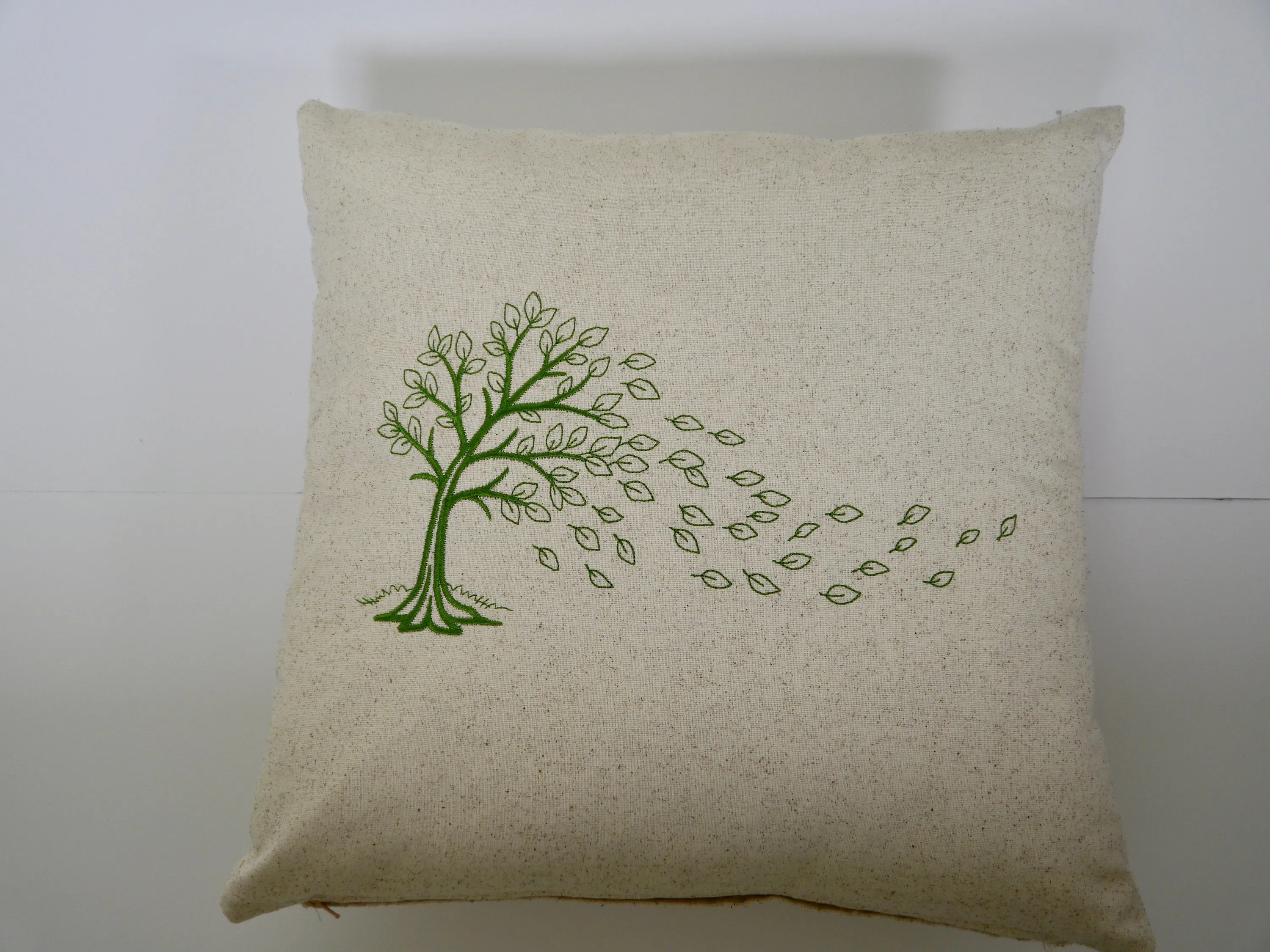 Pillow Cover Embroidered Tree with Blowing Leaves | stitchywoman.net