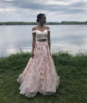 Pink 3d applique tulle long prom dress, pink evening dress