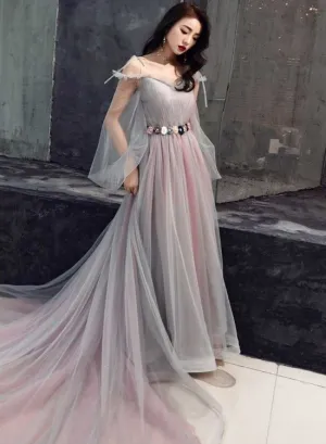 Pink and Grey Tulle Puffy Sleeves Formal Dress with Flowers, A-line Tulle Party Dresses