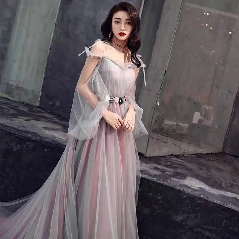 Pink and Grey Tulle Puffy Sleeves Formal Dress with Flowers, A-line Tulle Party Dresses