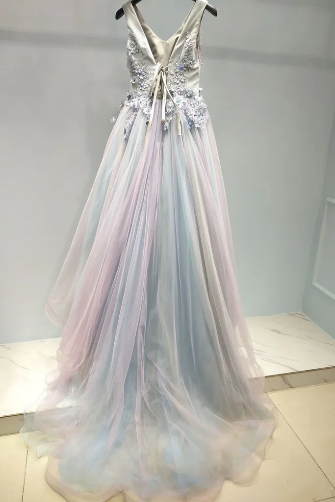 Pink and Grey Tulle V-neckline Prom Gown , Tulle Party Dress