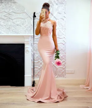 Pink lace mermaid long prom dress, pink bridesmaid dress