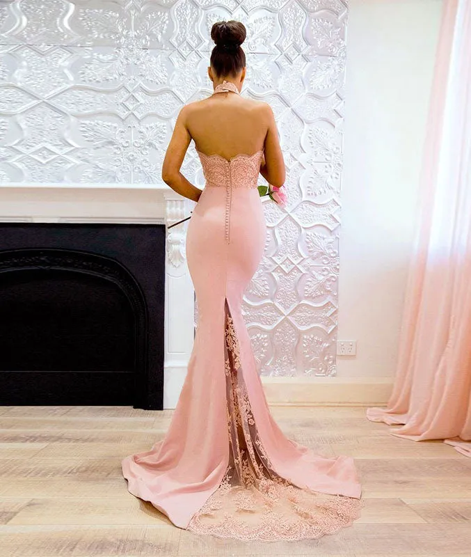 Pink lace mermaid long prom dress, pink bridesmaid dress
