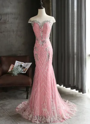 Pink Lace Mermaid Sequins with Lace Applique Party Dress, Pink Long Prom Dress Party Dress