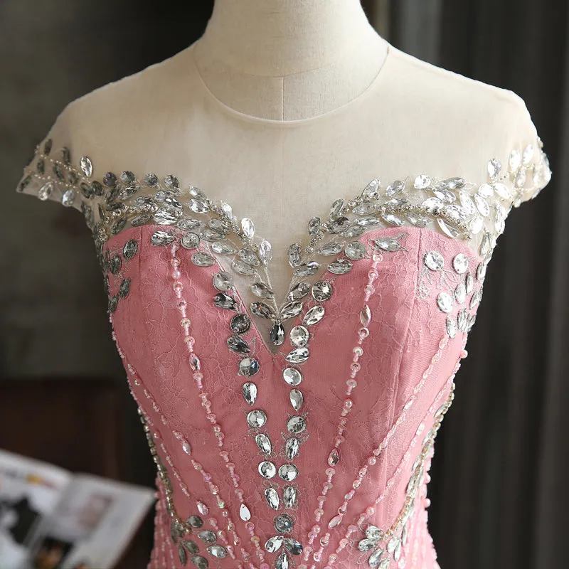 Pink Lace Mermaid Sequins with Lace Applique Party Dress, Pink Long Prom Dress Party Dress