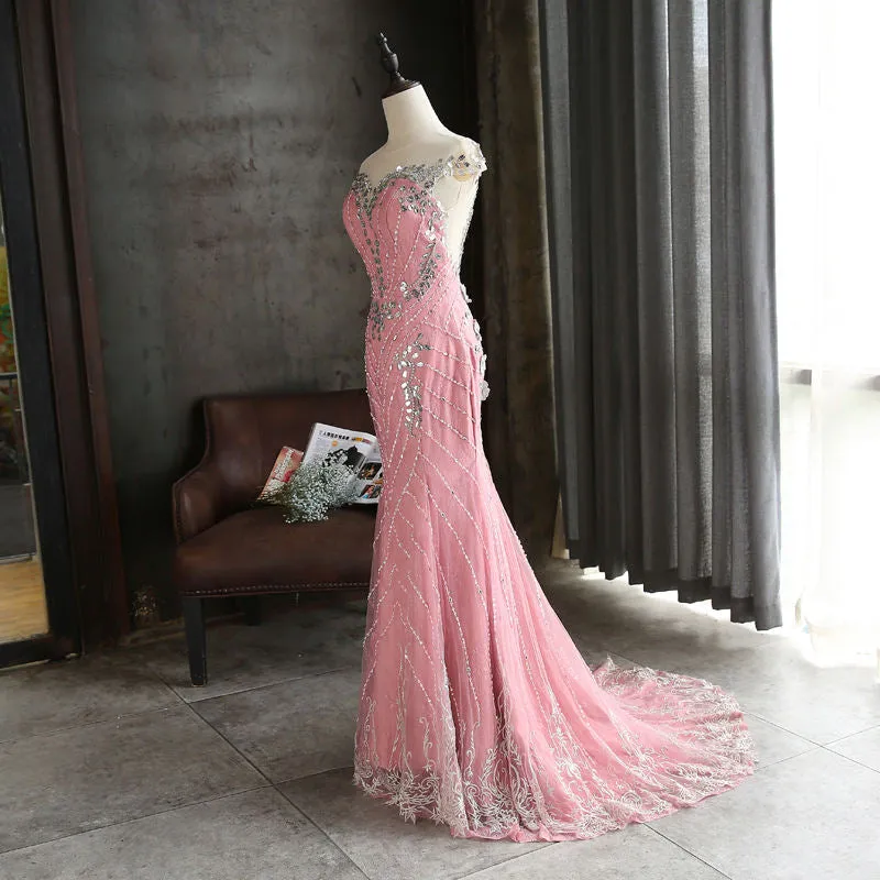 Pink Lace Mermaid Sequins with Lace Applique Party Dress, Pink Long Prom Dress Party Dress