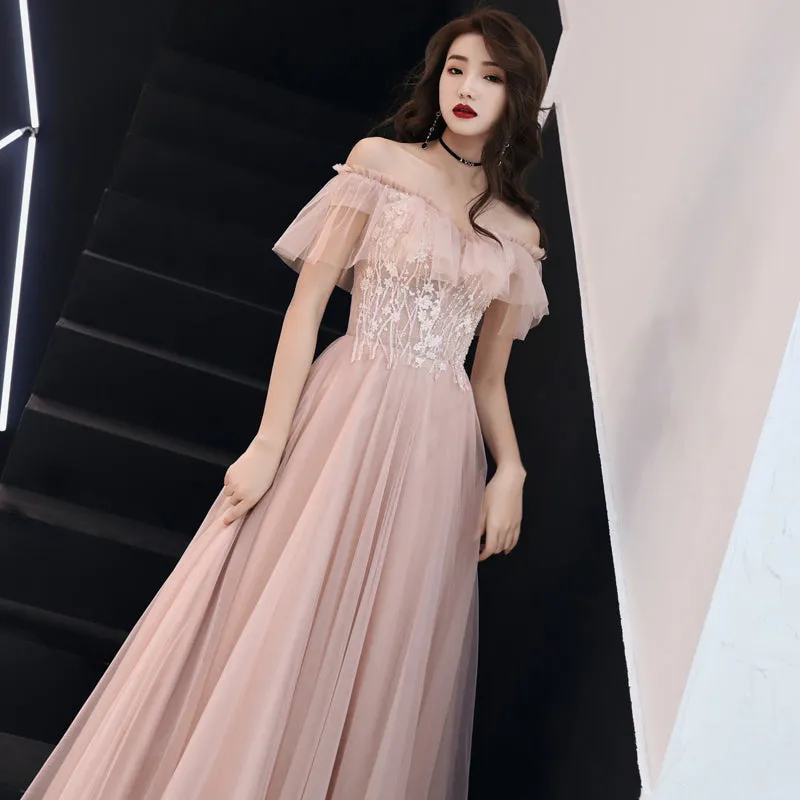 Pink Lace Off Shoulder Tulle A-line Floor Length Party Dress, Pink Formal Dresses