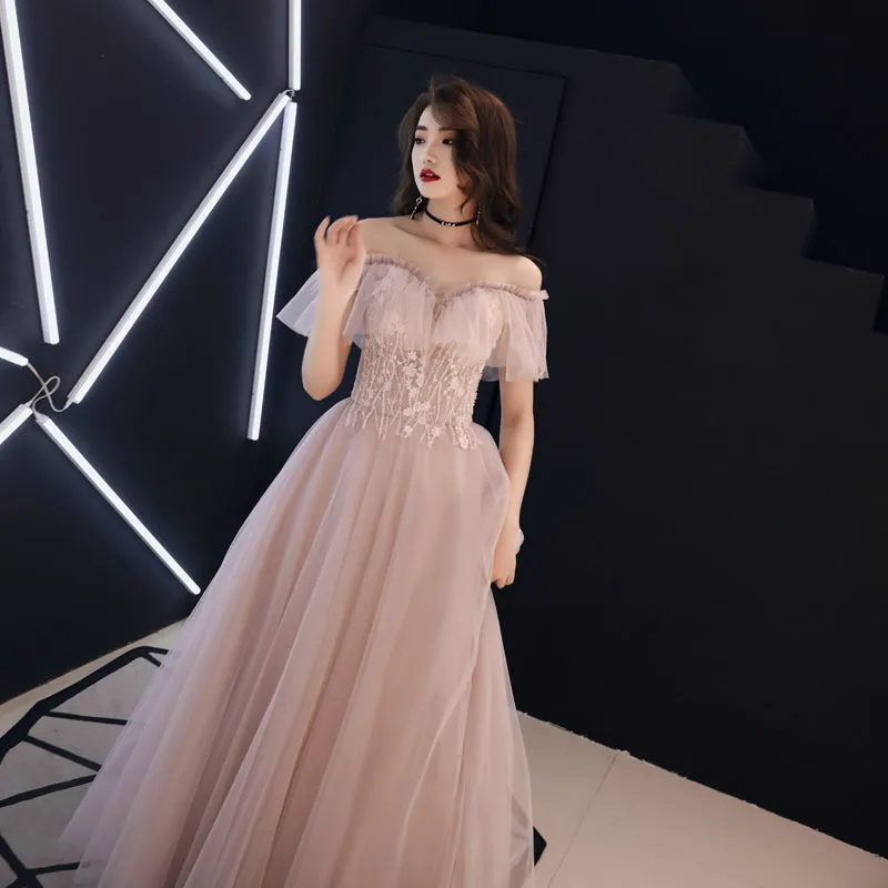 Pink Lace Off Shoulder Tulle A-line Floor Length Party Dress, Pink Formal Dresses