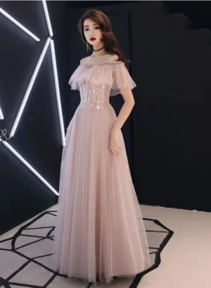 Pink Lace Off Shoulder Tulle A-line Floor Length Party Dress, Pink Formal Dresses