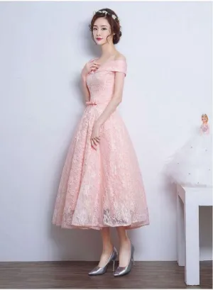 Pink Lace Sweetheart Off Shoulder Tea Length Formal Dress, Cute Bridesmaid Dress