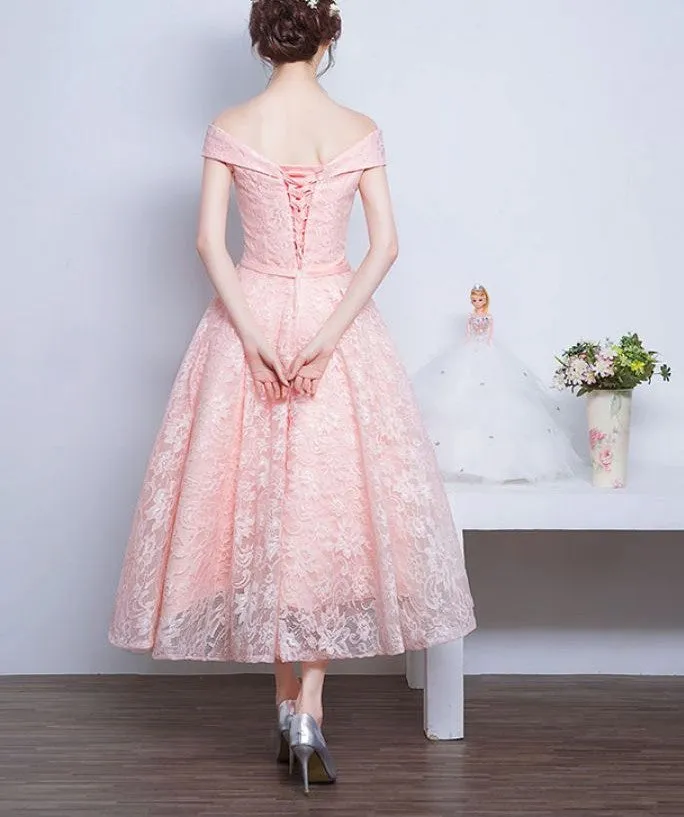Pink Lace Sweetheart Off Shoulder Tea Length Formal Dress, Cute Bridesmaid Dress