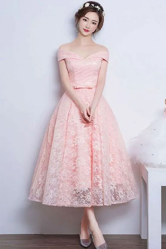 Pink Lace Sweetheart Off Shoulder Tea Length Formal Dress, Cute Bridesmaid Dress