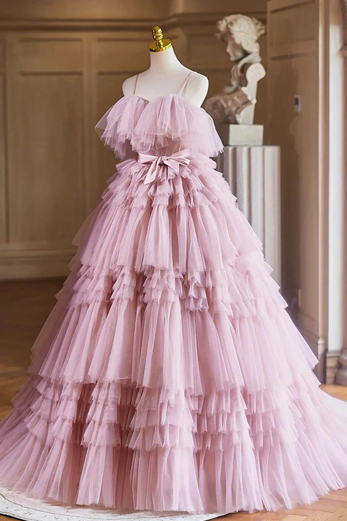 Pink Layered Tulle Ball Gown With Bow, Pink Tulle Evening Dress Formal Dress