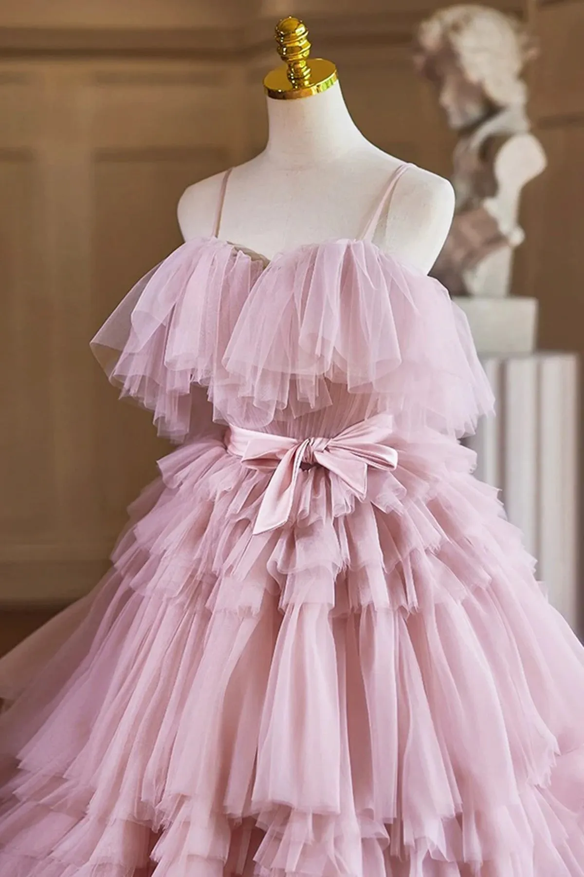 Pink Layered Tulle Ball Gown With Bow, Pink Tulle Evening Dress Formal Dress