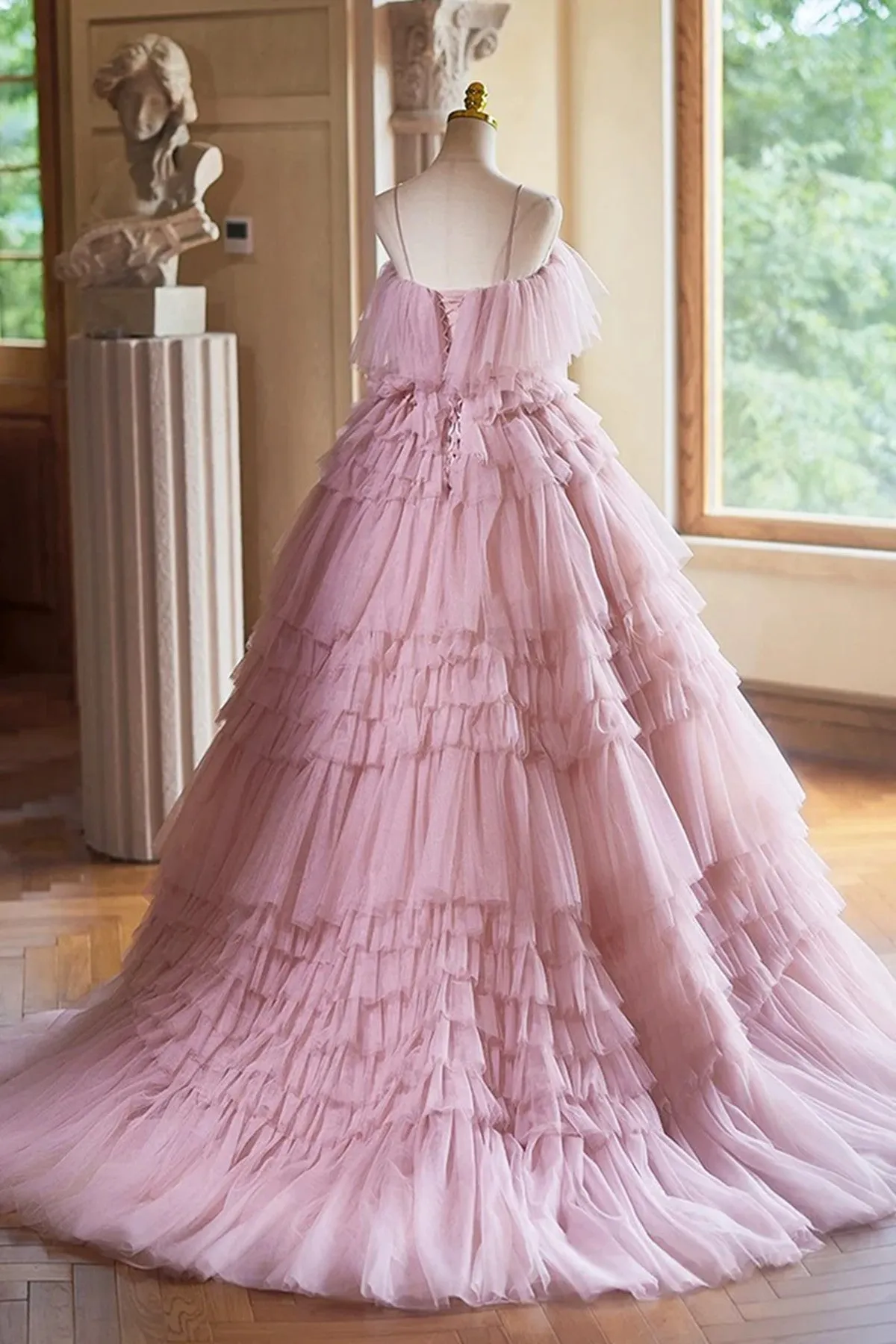 Pink Layered Tulle Ball Gown With Bow, Pink Tulle Evening Dress Formal Dress