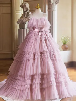Pink Layered Tulle Ball Gown With Bow, Pink Tulle Evening Dress Formal Dress