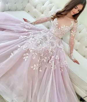 Pink round neck tulle lace long prom dress, pink evening dress