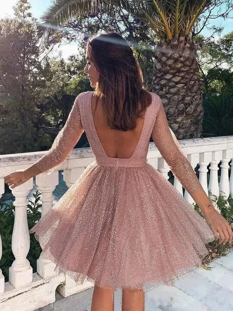 Pink Sequins Long Sleeve Short Homecoming Dresses Backless Formal Dress HD0065