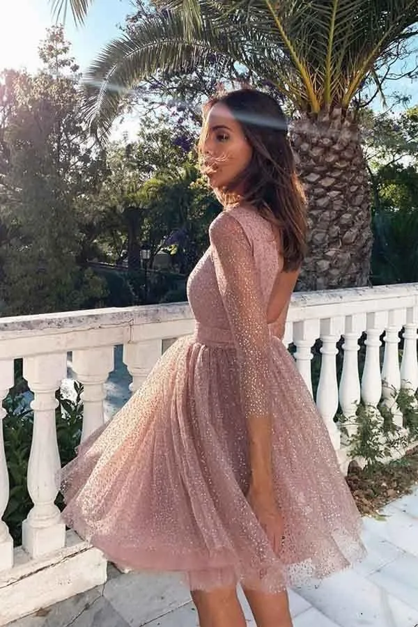 Pink Sequins Long Sleeve Short Homecoming Dresses Backless Formal Dress HD0065