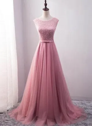Pink Stunning Tulle Beaded Long Party Gown, Pink Formal Dress , Party Dresses